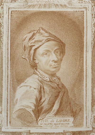 フィリップ・ド・ラ・ハイレ（1640-1718）の自画像、「アレクサンドル・サヴェリエン（1720-1805）による歴史学者の数学者」のイラスト、パリ1766で出版 作： Philippe de la Hire