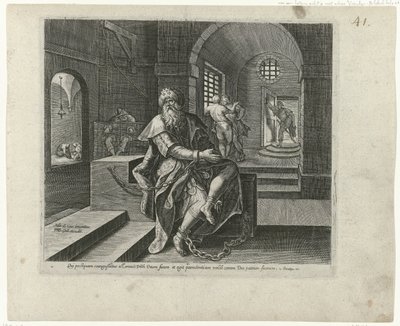 刑務所のコニング・マナセ Boetedoening en berouw in het Oude Testament en het Nieuwe Testament (シリーズ タイトル) 心を尽くして罪を悔い改め、神に立ち返る人々に対する一種の神の耽溺と憐れみ（シリーズ 作： Philips Galle (attributed to workshop of)