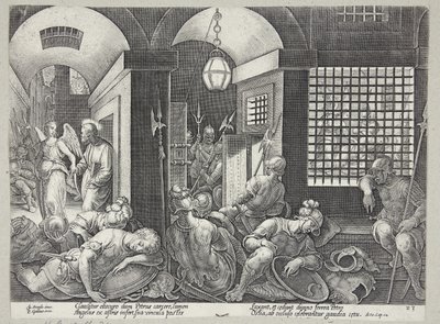 天使によって刑務所から解放された聖ペテロ 作： Philips Galle