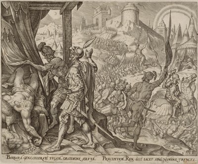 ホロフェルネスの死体の発見（『ユディトとホロフェルネスの物語』より第8版 作： Philips Galle