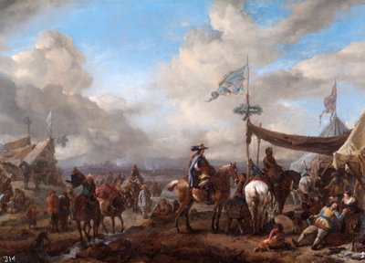 「ラッパと馬蹄の屋台のあるキャンプの風景」、17 世紀 作： Philips Wouwerman