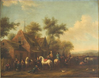 旅館の外で休む騎手のいる風景 作： Philips Wouwerman