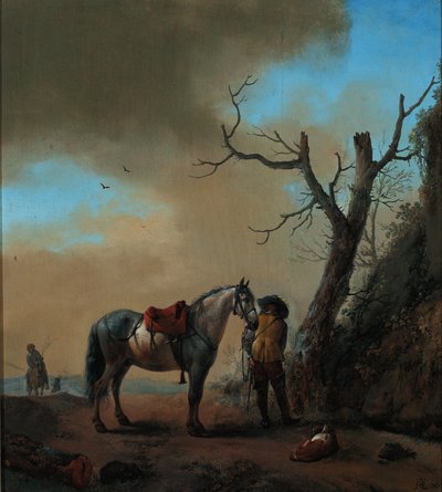 白い馬と降りたライダーのいる風景、1647年頃 作： Philips Wouwerman