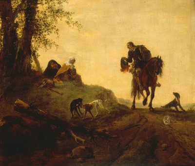 ライダーのいる風景、道の脇に座っている2人のF 作： Philips Wouwerman