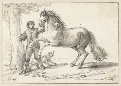 吠える犬に怯えて、手綱で飼育馬を保持している若い男 作： Philips Wouwerman