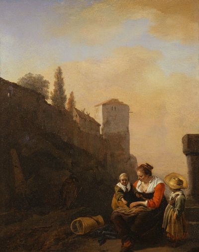 イタリアの塔の前で休む農夫と 2 人の子供 (キャンバスに油彩) 作： Philips Wouwermans or Wouvermans