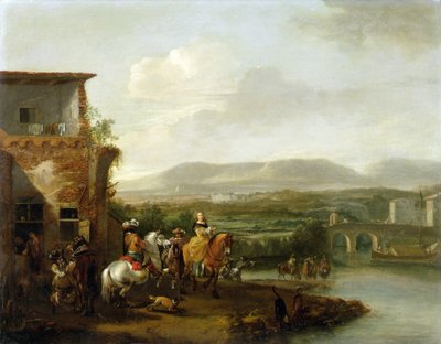 川沿いの農場の外でのエレガントな乗馬パーティー（キャンバスに油彩） 作： Philips Wouwermans or Wouvermans