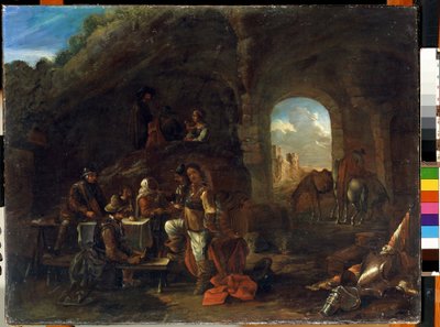 居酒屋シーン。 Philips Wouwerman (1619-1668) による絵画。 木に油彩、48 x 63 cm。 17世紀オランダの学校。 State M. Ciurlionis Art Museum、カウナス (リトアニア)。 作： Philips Wouwermans or Wouvermans