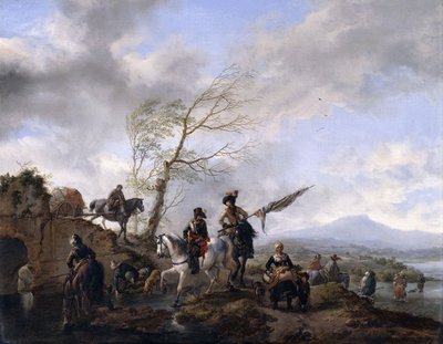 兵士と彼らの馬に水をまく標準的な無記名人がいる広大な川の風景、 作： Philips Wouwerman
