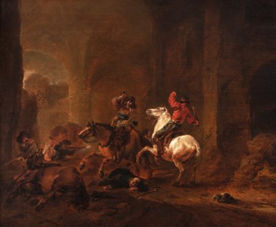 廃墟の小道で旅人を待ち伏せる盗賊たち 1635-50年頃 油彩・パネル 作： Philips Wouwermans or Wouwerman