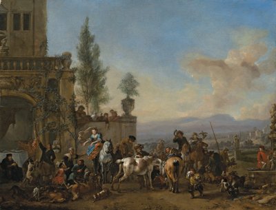 狩りからの帰還（パネルに油彩） 作： Philips Wouwermans or Wouwerman