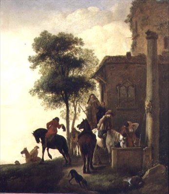 宿屋の外で馬に水をやる旅人たち（油彩・パネル） 作： Philips Wouwermans or Wouwerman