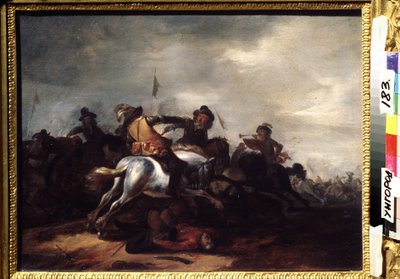 戦い。 Philips Wouwerman (1619-1668) による絵画。 木に油彩、31 x 41 cm。 フランダース美術、バロック美術。 地域美術館、ウジゴロド (ウクライナ)。 作： Philips Wouwermans or Wouwerman