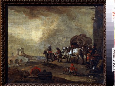 途中の旅人。 Philips Wouwerman (1619-1668) による絵画。 キャンバスに油彩、33.5 x 41.5 cm。 フランダースの芸術、バロック様式。 州立美術館、トゥーラ (またはトラン)、ロシア。 作： Philips Wouwermans or Wouwerman