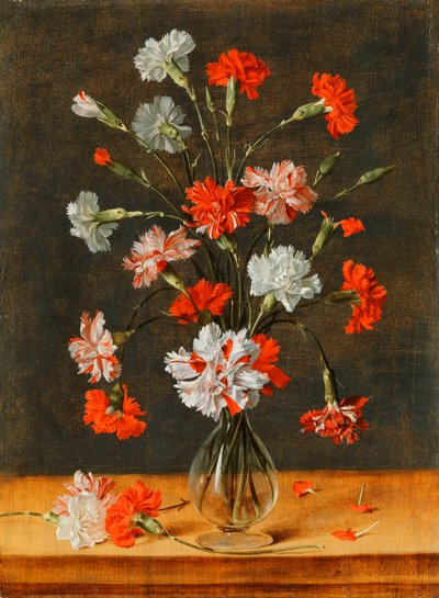 石のテーブルの上にあるガラスの花瓶のカーネーション、1639 作： Phillipe de Marlier