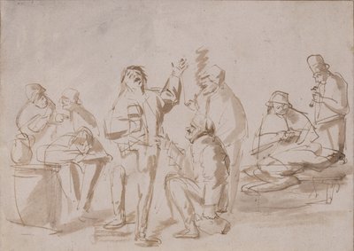 居酒屋の農民、1662年頃（ペンとインク、紙の上で洗う） 作： Phillips de Koninck