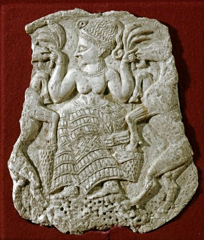 フェニキア美術：象牙のパイクサイド・カバーの彫刻、ヤギに栄養を与えるミケニアンの豊穣の女神が描かれている。紀元前1250年頃。トゥインク・エル・ベイダより薄さ13cm パリ、ルーヴル美術館 作： Phoenician