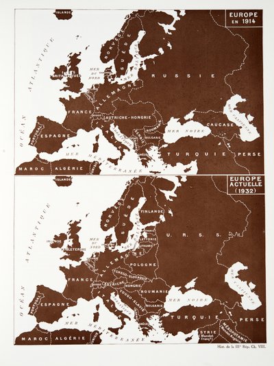 1914年のヨーロッパと1932年のヨーロッパの地図、『Histoire de la Troisieme Republique, Vol.1, Political History』（1933年刊）より（カラーリトグラフ 作： Photographer French
