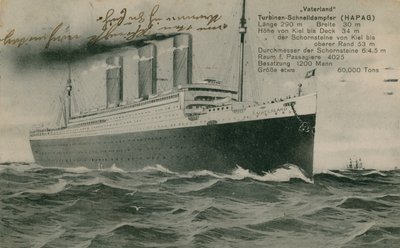 ドイツの定期船「ヴァータランド」。1913年に送られた絵葉書。 作： Photographer German