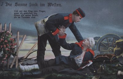 太陽は西に沈んだ：戦場で瀕死の仲間を慰めるドイツ軍兵士（カラー写真 作： Photographer German