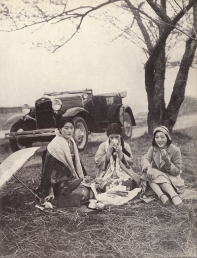 洋服を着てピクニックをする日本人女性（モノクロ写真 作： Photographer Japanese