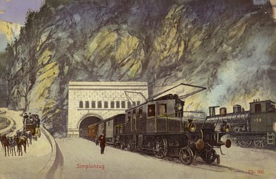 シンプロントンネル入り口の列車（カラー写真） 作： 写真家 スイス