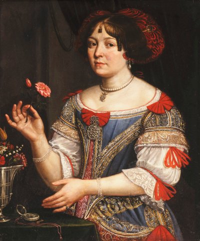 青と赤の刺繍のドレスを着た女性の肖像画、七分丈 作： Pier Francesco Cittadini