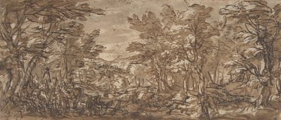 森の風景、左に停車、中央に狩り 1612-66年 作： Pier Francesco Mola