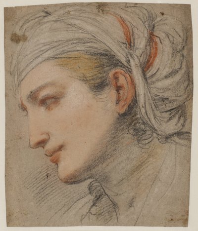 頭巾をかぶった若い女性の頭、左側の横顔 作： Pier Francesco Mola