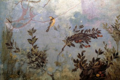 鳥、木と鳥のいる庭を描いたフレスコ画の詳細（イタリア・ローマ、パラティーノの丘にあるリヴィアの家より）。ローマ文明 作： Blaise Nicolas Le Sueur