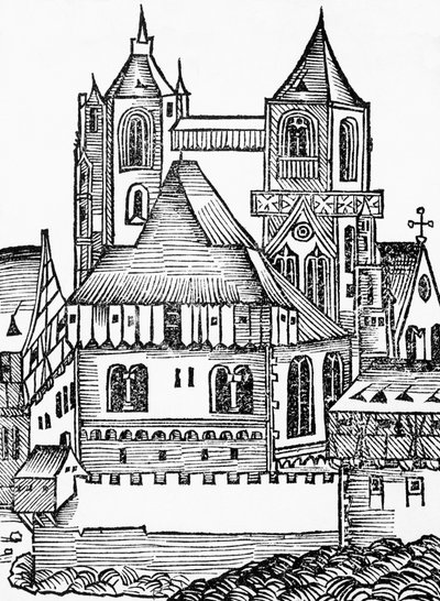 モンテカッシーノ修道院、ドイツの木版画、Hartmann Schedelによるニュルンベルク・クロニクル（Liber Chronicarum）より 作： Blaise Nicolas Le Sueur