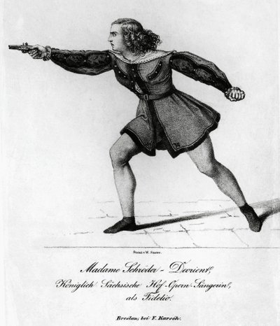 ルートヴィヒ・ヴァン・ベートーヴェン（1770-1827）の『フィデリオ』のレオノーラ役を演じるドイツ人ソプラノ、ヴィルヘルミーネ・シュローダー＝デヴリエント（1804-1860）の肖像、エングレーヴィング 作： Blaise Nicolas Le Sueur
