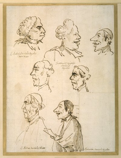 教皇庁礼拝堂の4人の歌手の風刺的プロフィール7点（紙にペンとインク 作： Pier Leone Ghezzi