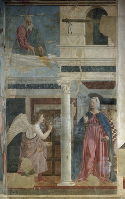 受胎告知 - フレスコ画、1455年頃 作： Piero della Francesca