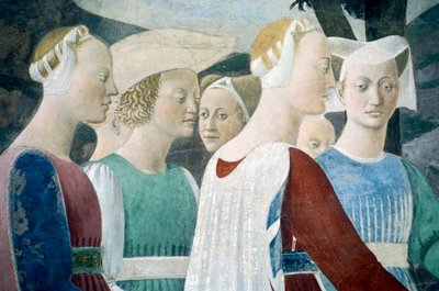 ピエロ・デラ・フランチェスカ作「真の十字架の伝説」より、木の崇拝とシバの女王とソロモン王の出会いのディテール 作： Piero della Francesca