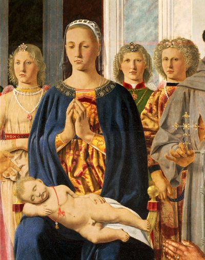 天使に囲まれたマドンナと子供、ブレラの祭壇画の詳細ピエロ・デッラ・フランチェスカ（1412-1492）作、フェデリコ・ダ・モンテフェルトロと聖人が祈るマドンナと子供、木にテンペラ、251x172 cm 作： Piero della Francesca
