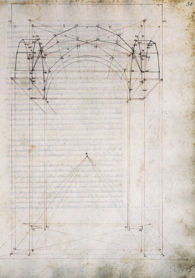 ピエロ・デラ・フランチェスカ（1415年頃～1492年）の『絵画の遠近法について』のページ、十字型ヴォールトのある通路の遠近法（イタリア 作： Piero della Francesca