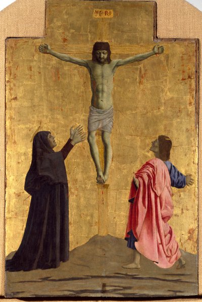 ミゼリコルデのポリプティーク：聖人に囲まれたミゼリコルデの聖母。十字架に「INRI」と刻まれた磔刑を描いた細部 ピエロ・デラ・フランチェスカ（1415/20-1492）の木画 1445-1460年 薄暗い。81x52,5 cm Sansepolcro, Pinacoteca C 作： Piero della Francesca