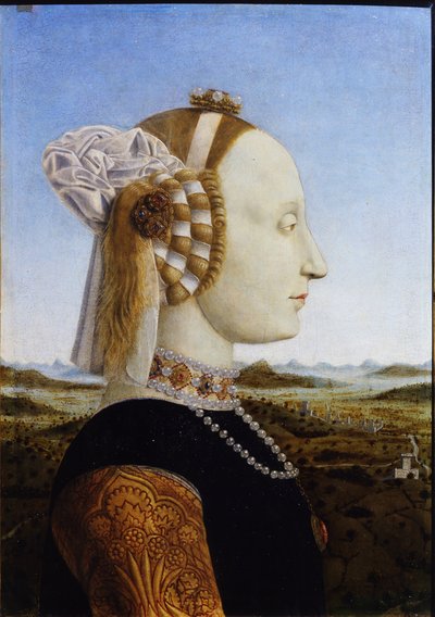 バティスタ・スフォルツァの肖像フェデリコ・ダ・モンテフェルトロとその妻、ウルビーノ公爵夫人のペアの肖像画から、1472年 作： Piero della Francesca