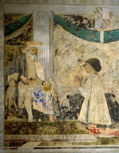 シギスモンド（Sigismondo）の肖像 パンドルフォ・マラテスタ（1417-1468）は、サン・シギスモンド（Sigismondo）の前で祈りを捧げています。ピエロ・デラ・フランチェスカことピエトロ・ディ・ベネデット・デイ・フランチェスキ（1422-1492）のフレスコ画 作： Piero della Francesca