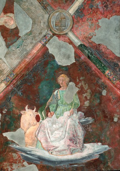 聖ルカピエロ・デラ・フランチェスカ（1410/1420-1492）の作とされるフレスコ画の詳細。サン・ミケーレ礼拝堂。ローマ、サンタ・マリア・マッジョーレ大聖堂（聖マリア大聖堂）。 作： Piero della Francesca