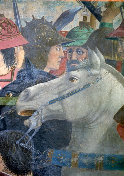真の十字架の伝説、ヘラクリウスとチョスローの戦い、馬と兵士の詳細、1464年のフレスコ画 作： Piero della Francesca