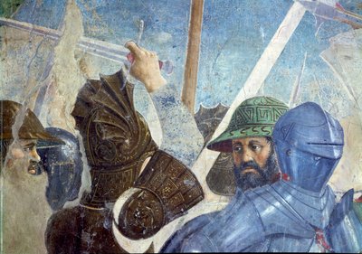 真の十字架の伝説、ヘラクリウスとチョスローの戦い、兵士の詳細、1464年のフレスコ画 作： Piero della Francesca