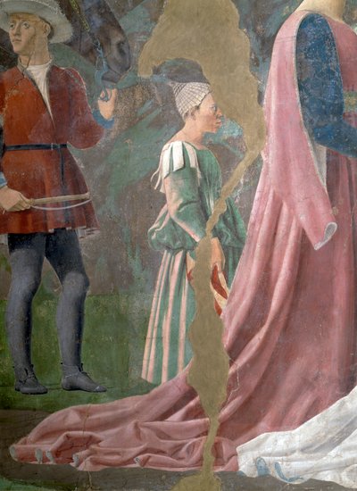 真の十字架の伝説、シバの女王、十字架の森を崇拝、係員の詳細、1464年のフレスコ画 作： Piero della Francesca