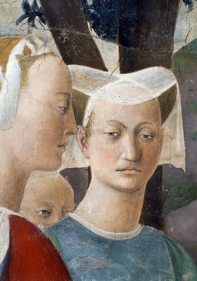 真の十字架の伝説、シバの女王、十字架の森を崇拝、女王の詳細とアテンダント、1464年のフレスコ画 作： Piero della Francesca
