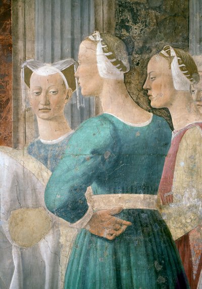 真の十字架の伝説、シバの女王、十字架の森を崇拝、3人の女性アテンダントの詳細、1464年のフレスコ画を完成 作： Piero della Francesca