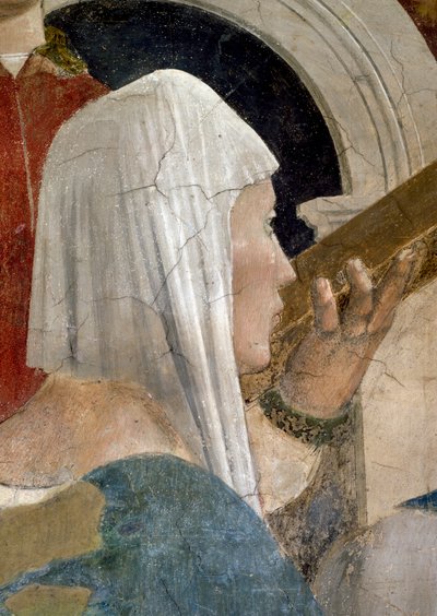 真の十字架の伝説、十字架の検証、十字架に接吻するシバの女王の詳細、1464年のフレスコ画を完成 作： Piero della Francesca