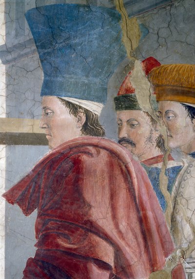 トゥルークロスの伝説、トゥルークロスの検証、3人の男性アテンダントの詳細、1464年のフレスコ画を完成 作： Piero della Francesca