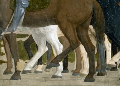 真の十字架の伝説、ミルビアン橋の戦いでのコンスタンティヌスの勝利、馬の足の詳細、1464年のフレスコ画 作： Piero della Francesca