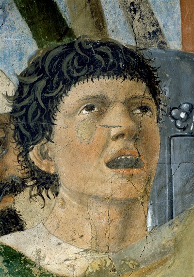 真の十字架の伝説、ミルビアン橋の戦いでのコンスタンティヌスの勝利、叫ぶ男の詳細、1464年のフレスコ画 作： Piero della Francesca